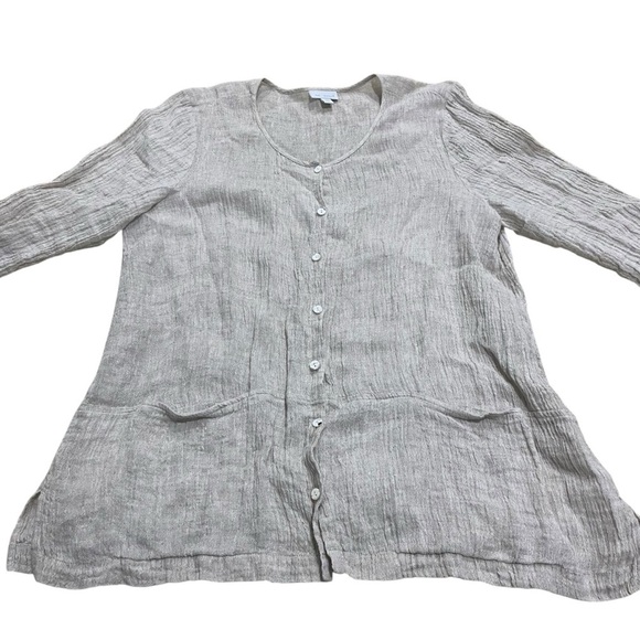 Pure Jill J. Jill 100% Linen Khaki Top Size Large Roll Sleeves - Picture 6 of 11